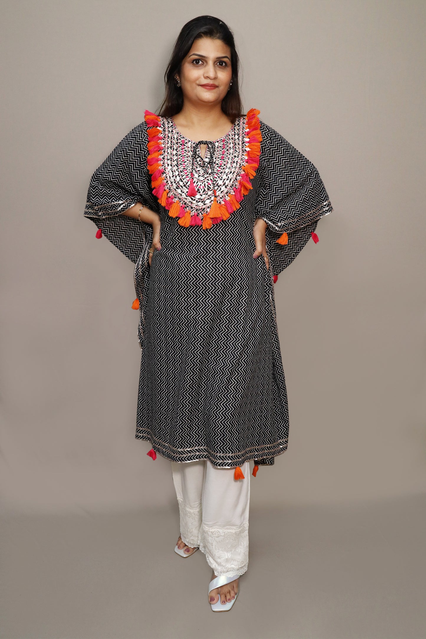 Black and White Tassel Work Kaftan Set #1517