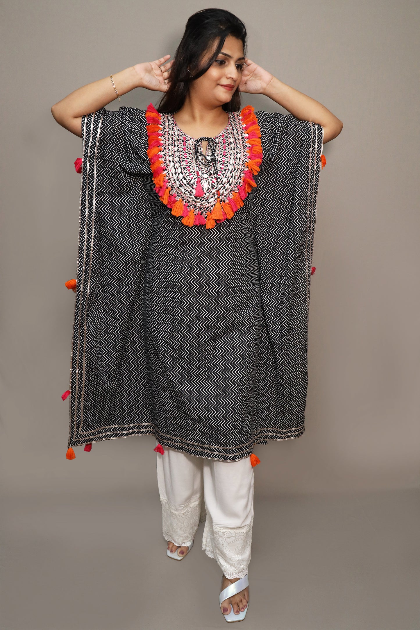 Black and White Tassel Work Kaftan Set #1517