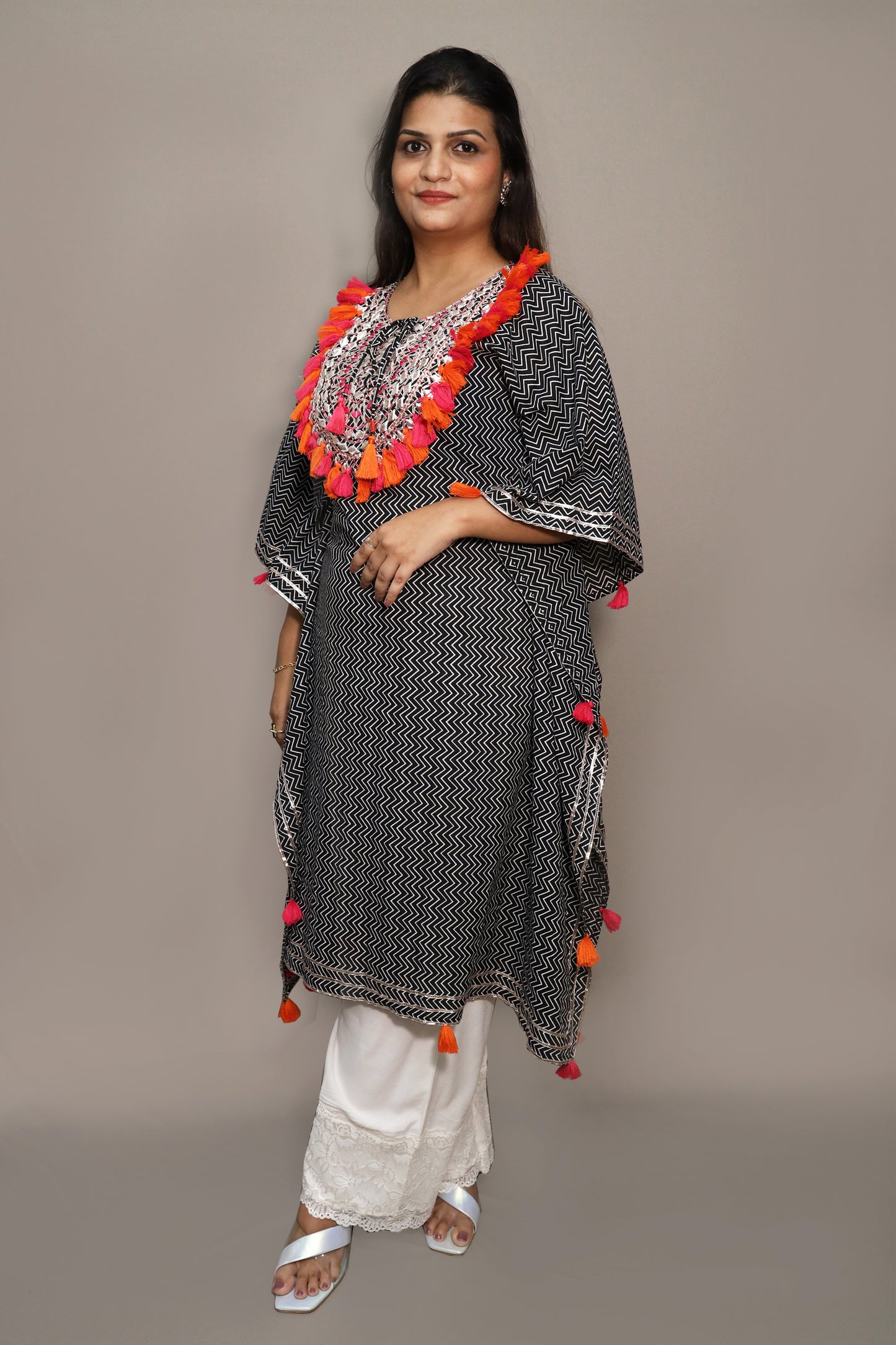 Black and White Tassel Work Kaftan Set #1517