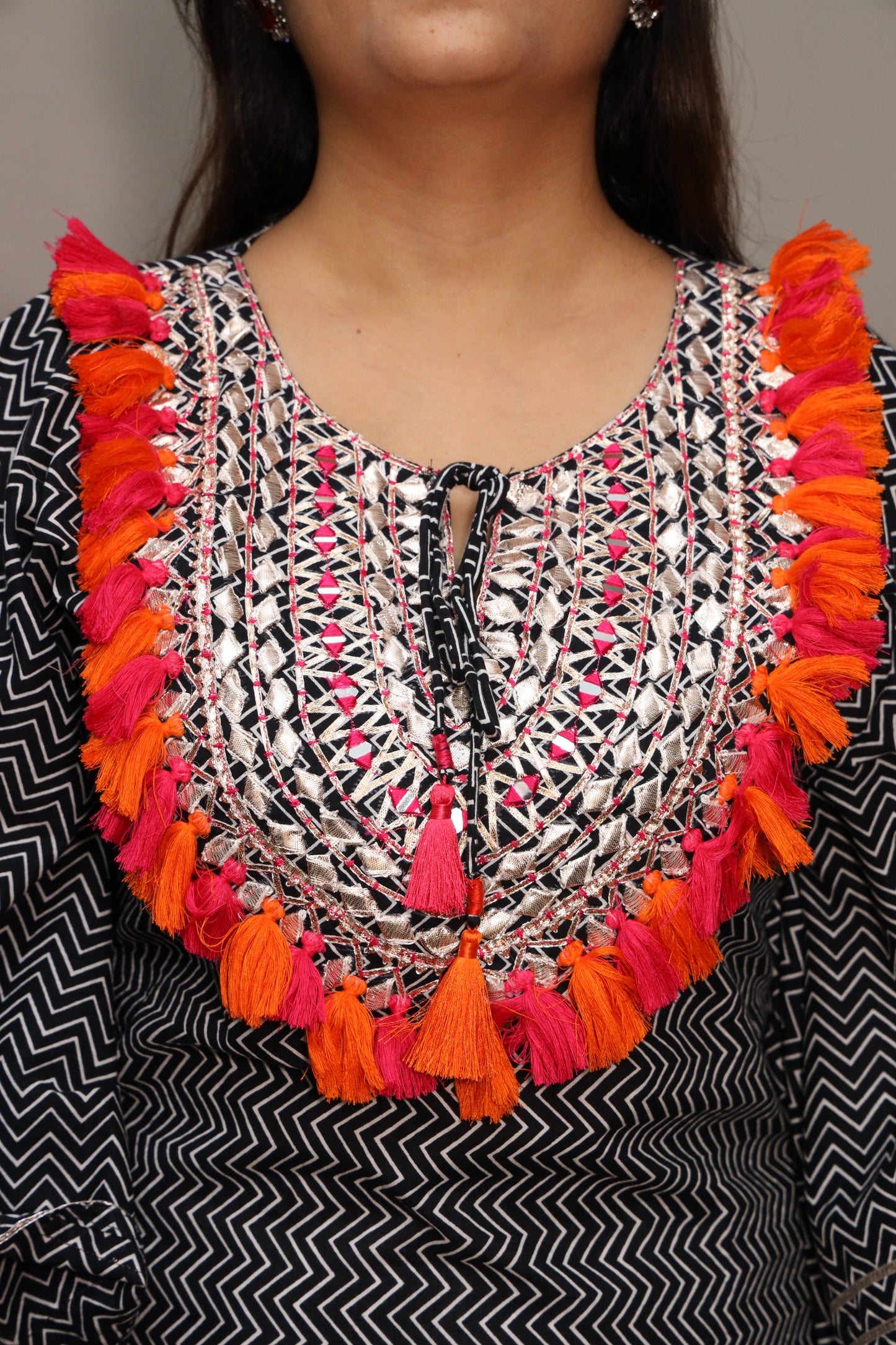 Black and White Tassel Work Kaftan Set #1517