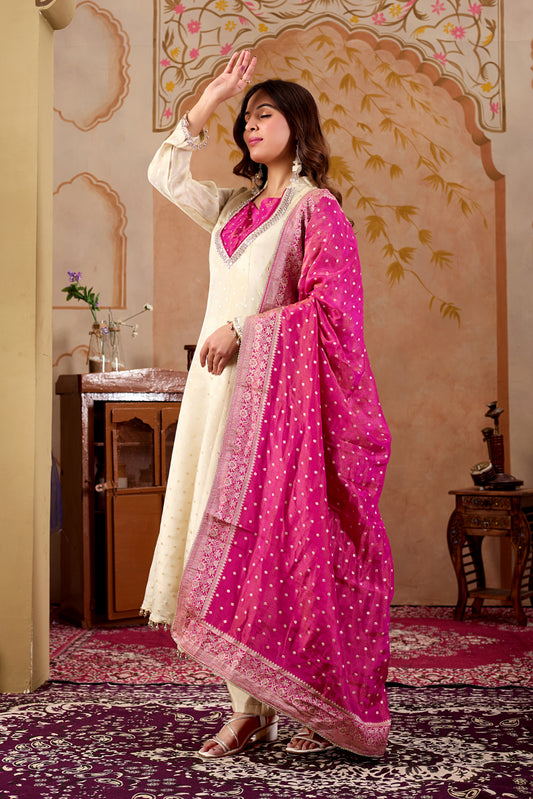 Ivory & Pink Tissue Shimmer Anarkali Suit Set #1932