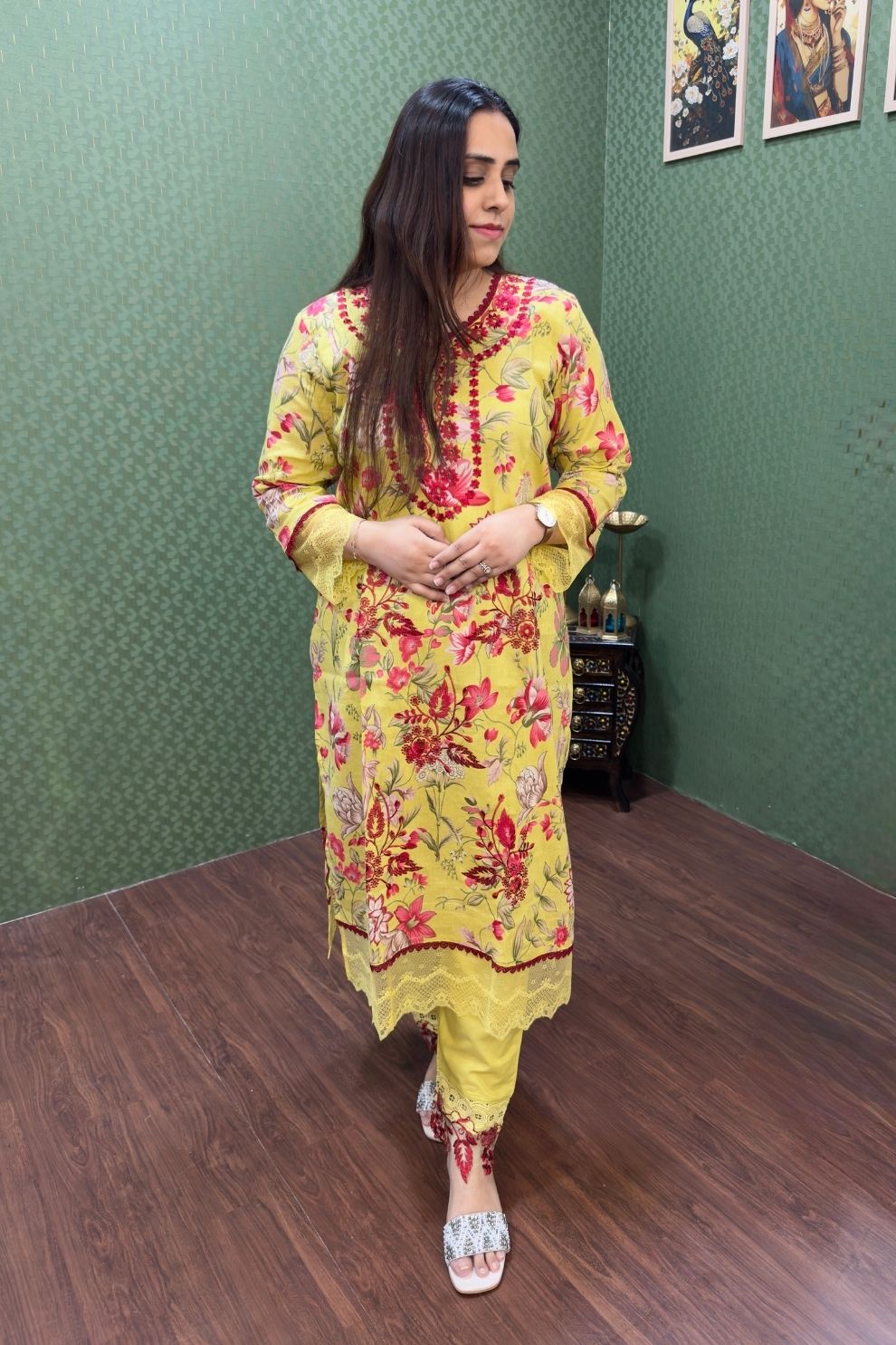 Lime Yellow Floral Lawn Cotton Pakistani Suit #1829
