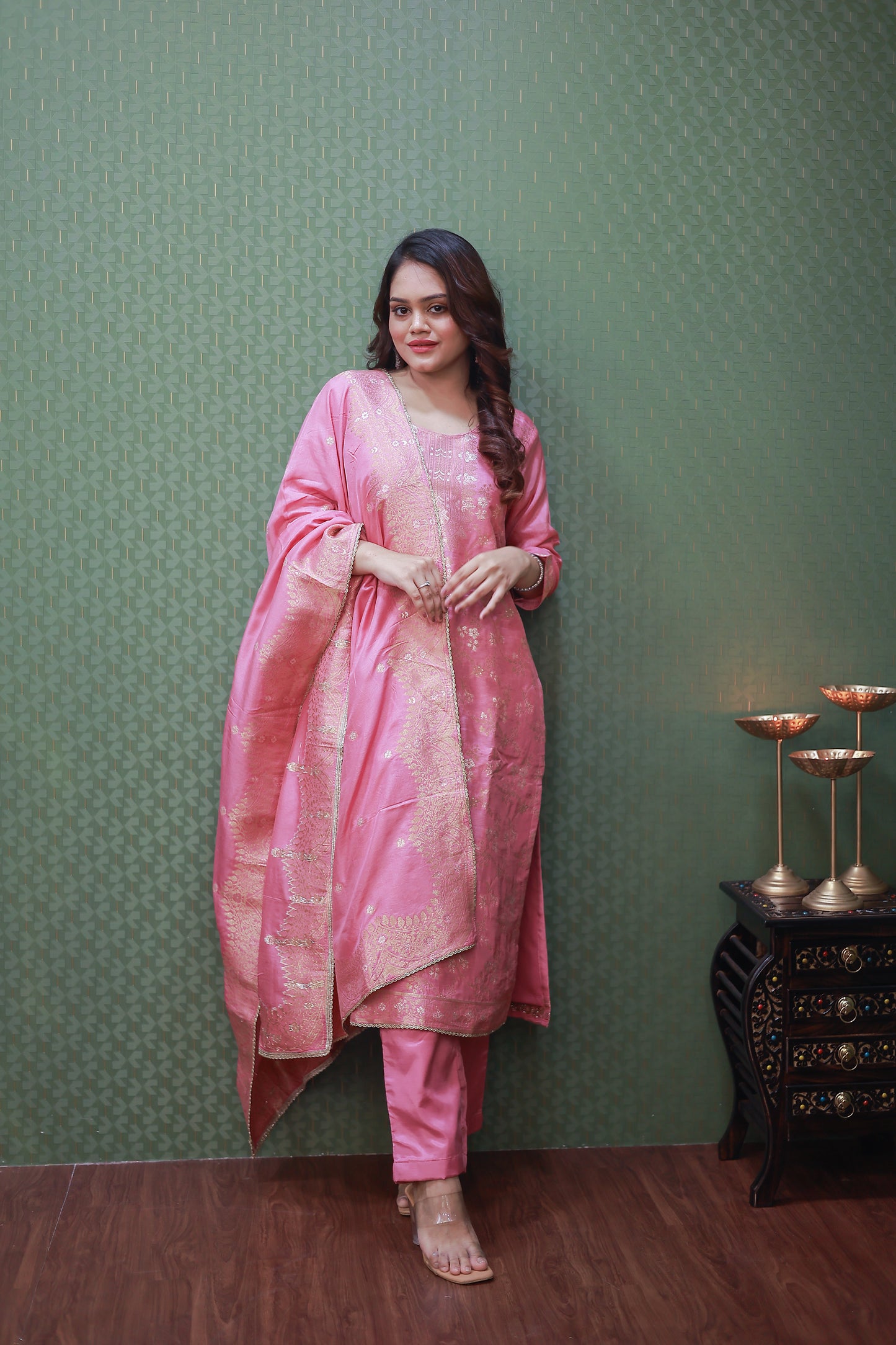 Pink Banarasi Zari Woven Suit Set with Full Dupatta #1621