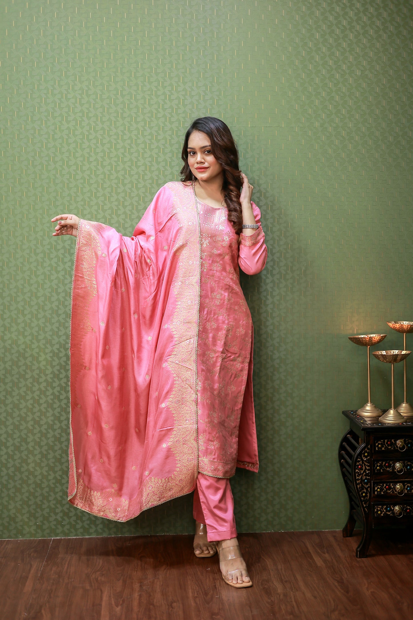 Pink Banarasi Zari Woven Suit Set with Full Dupatta #1621
