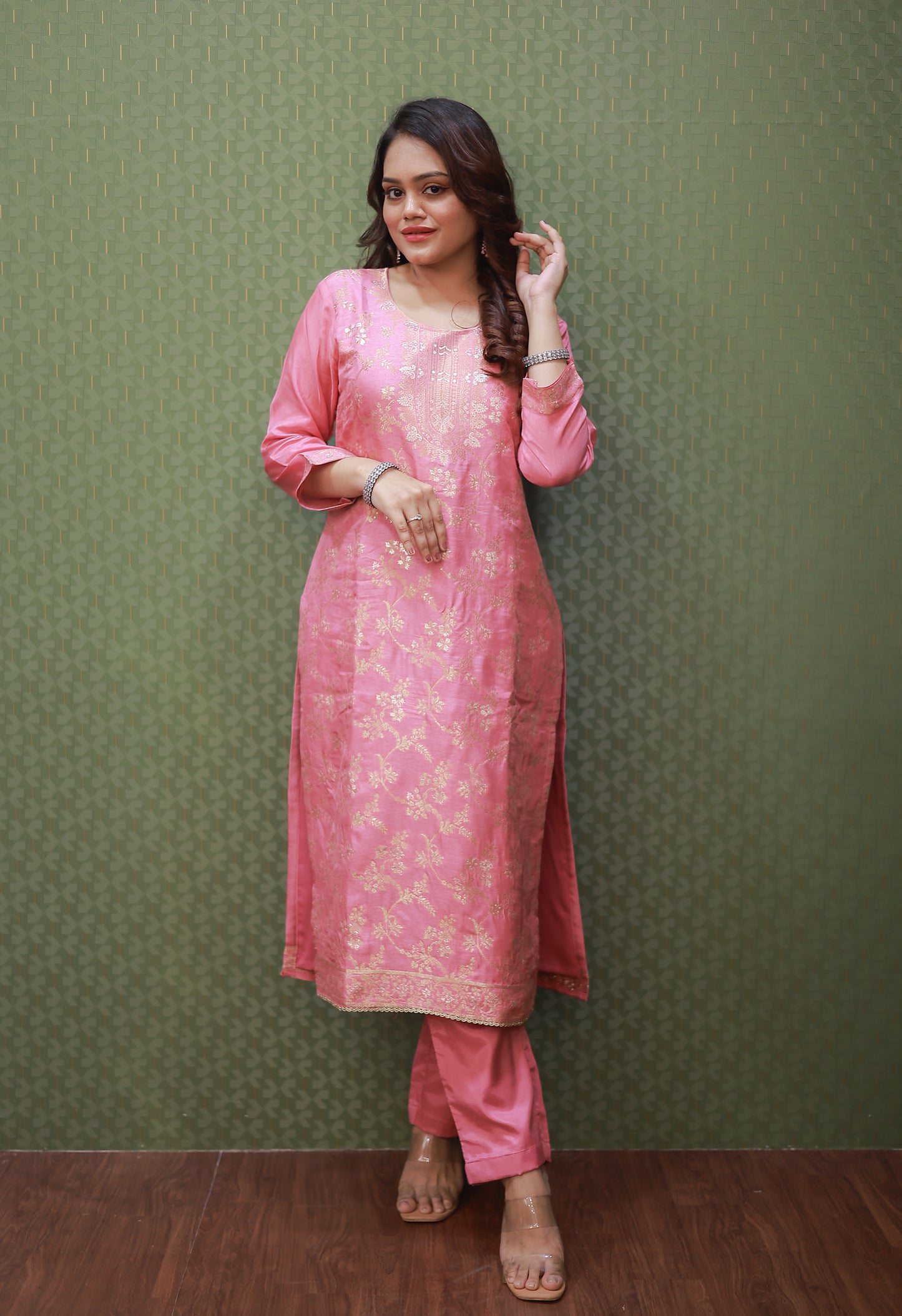 Pink Banarasi Zari Woven Suit Set with Full Dupatta #1621
