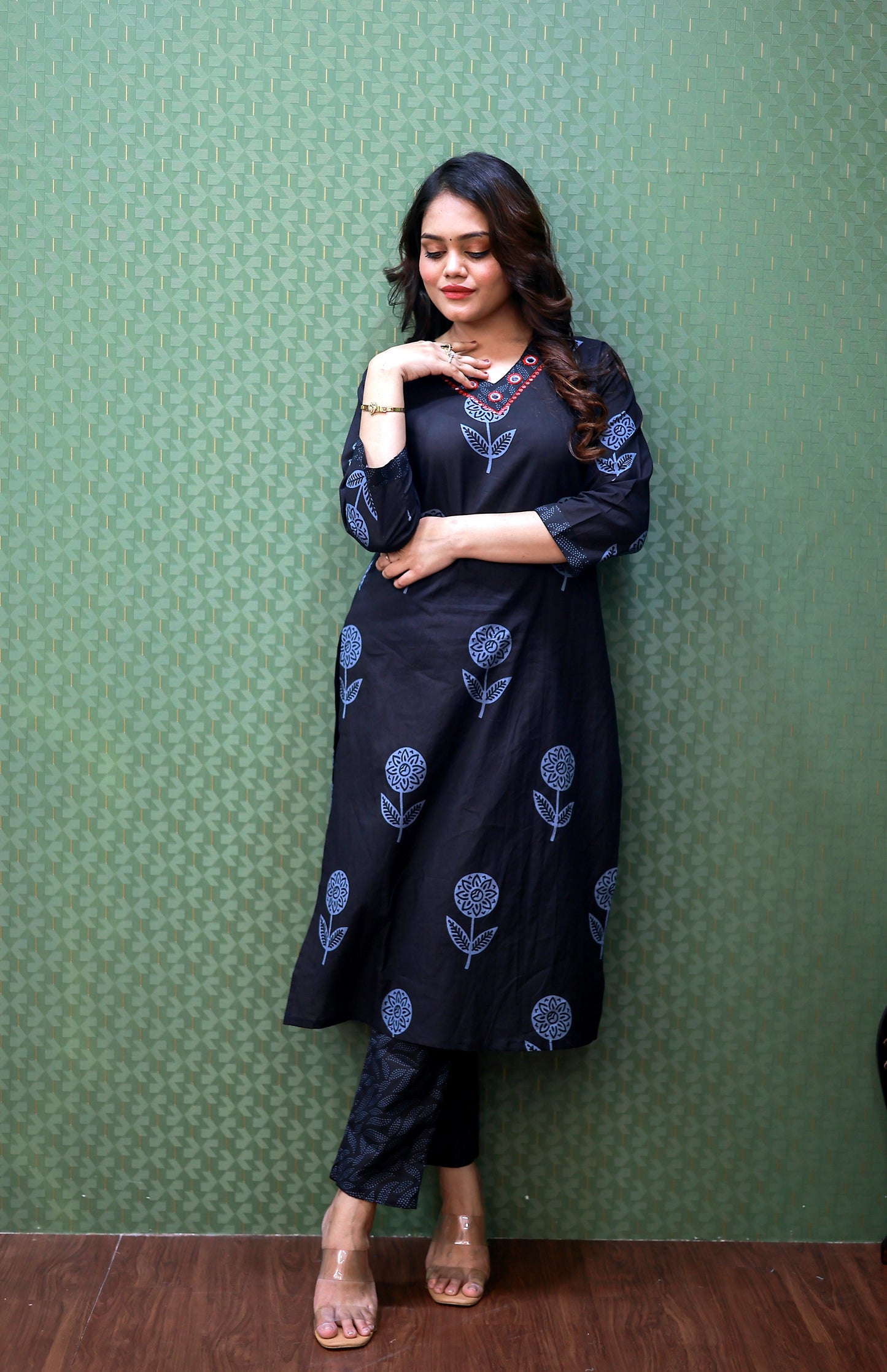 Black Pure Cotton Floral Suit Set #1755