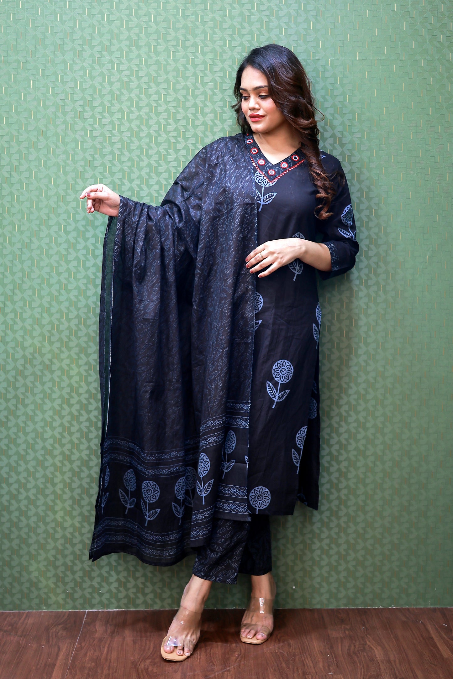Black Pure Cotton Floral Suit Set #1755