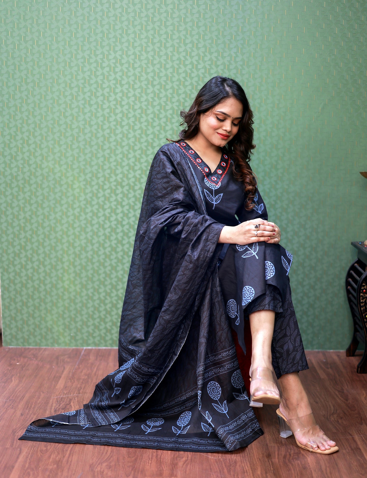 Black Pure Cotton Floral Suit Set #1755
