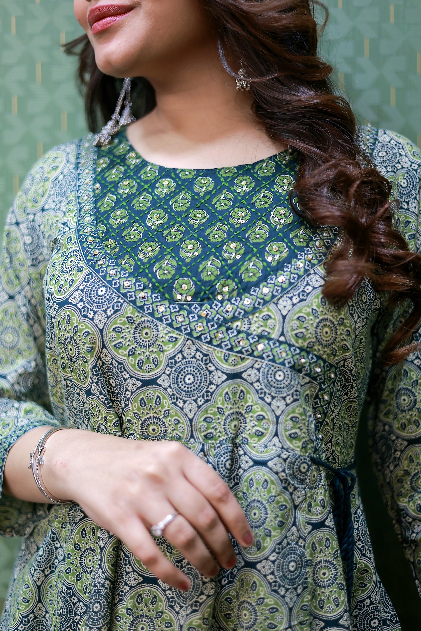 Green Floral Cotton Angrakha Anarkali Set #1757