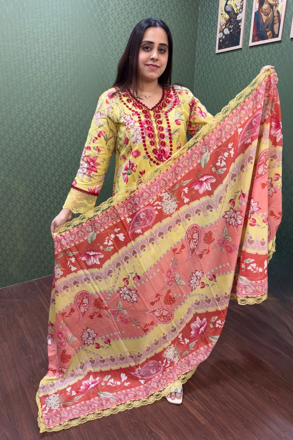 Lime Yellow Floral Lawn Cotton Pakistani Suit #1829