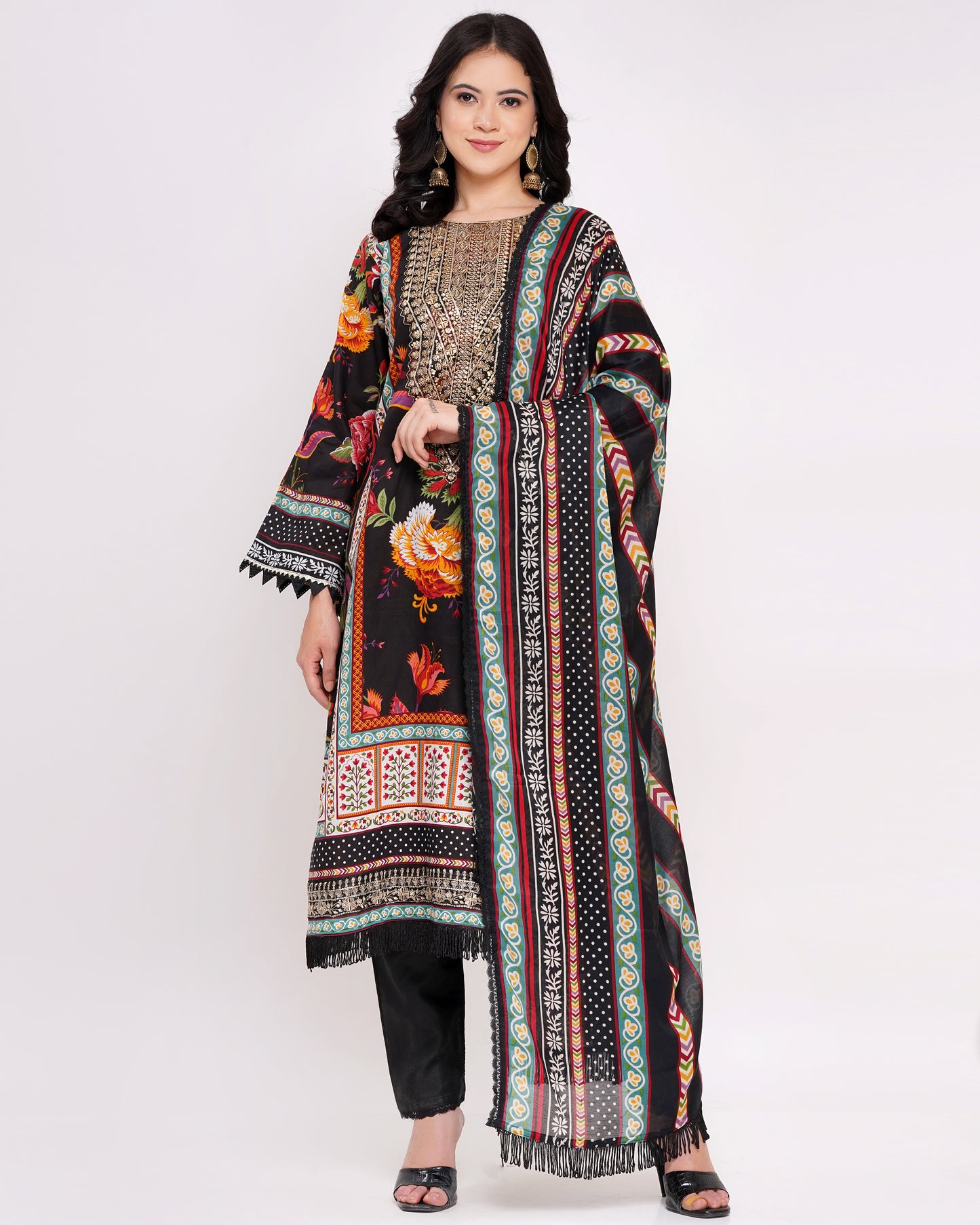 Black Lawn Cotton Pakistani Suit With Gold Embroidery #1824