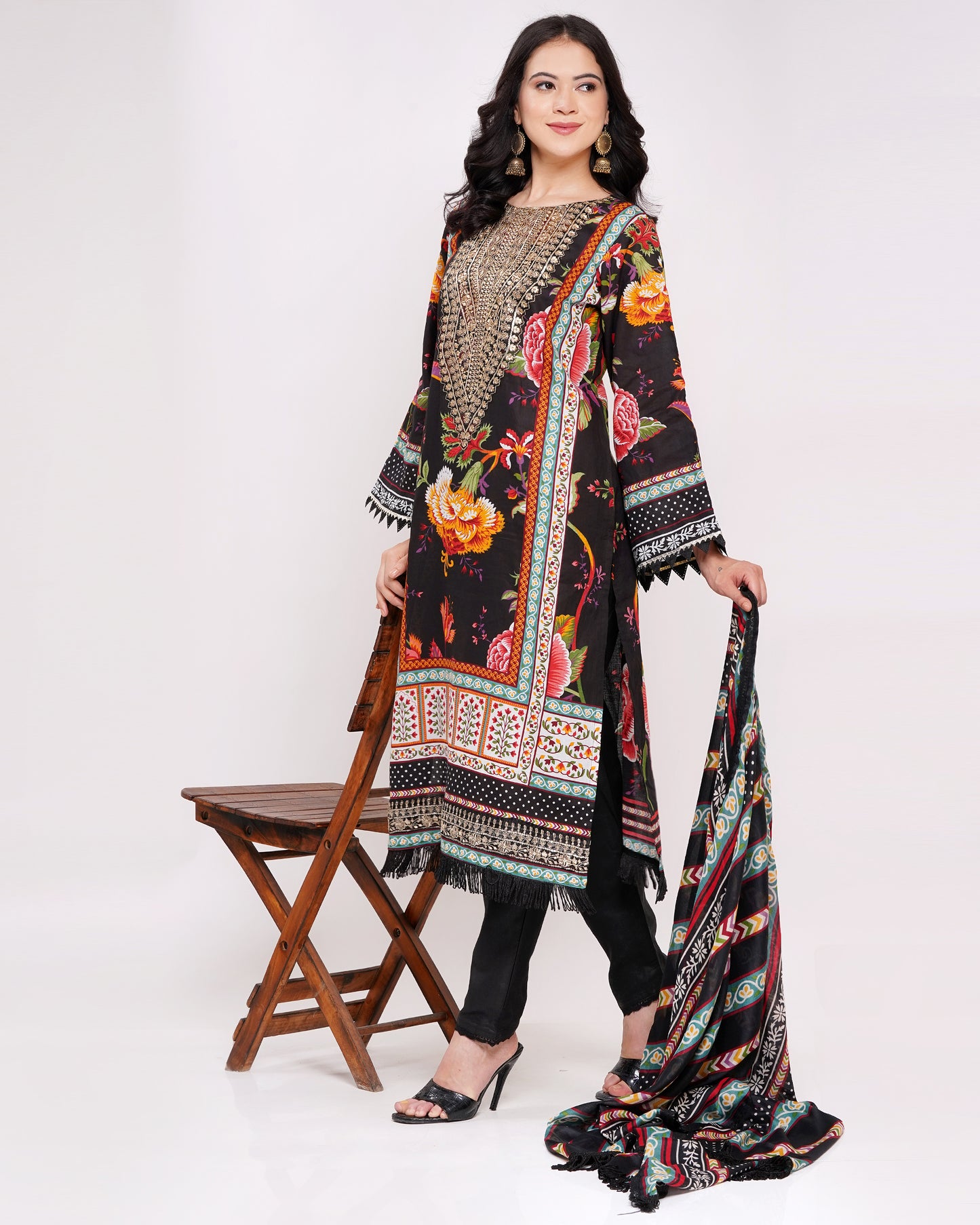 Black Lawn Cotton Pakistani Suit With Gold Embroidery #1824