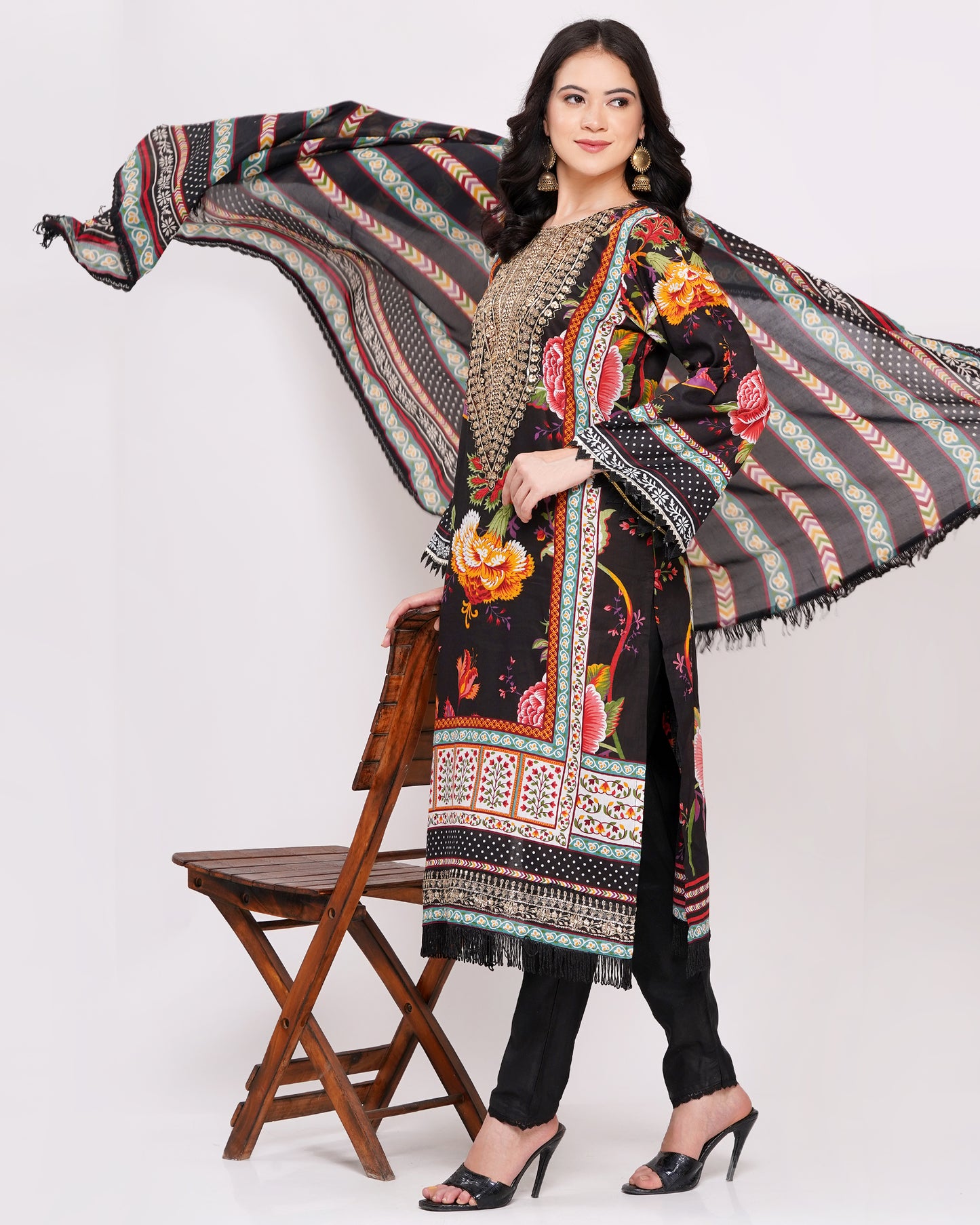 Black Lawn Cotton Pakistani Suit With Gold Embroidery #1824
