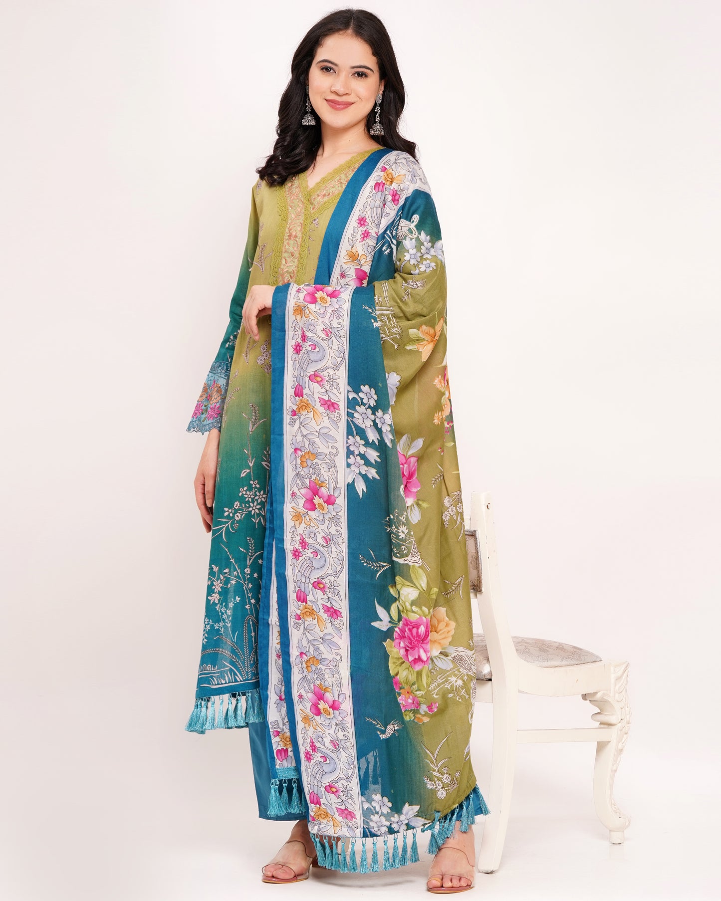 Green & Teal Ombre Pakistani Lawn Cotton Suit #1820