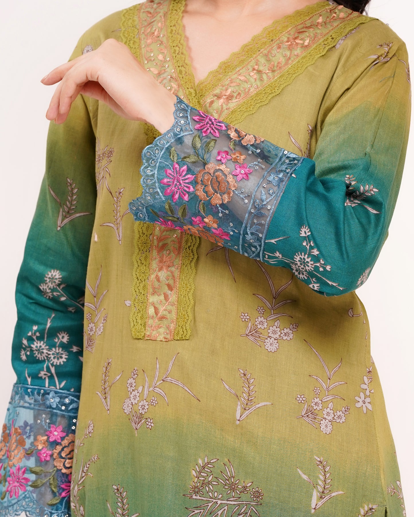 Green & Teal Ombre Pakistani Lawn Cotton Suit #1820