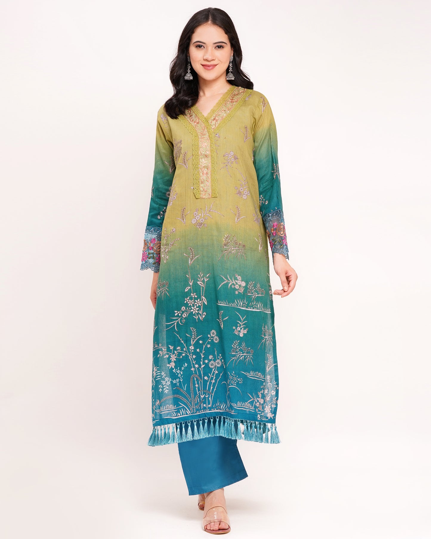 Green & Teal Ombre Pakistani Lawn Cotton Suit #1820