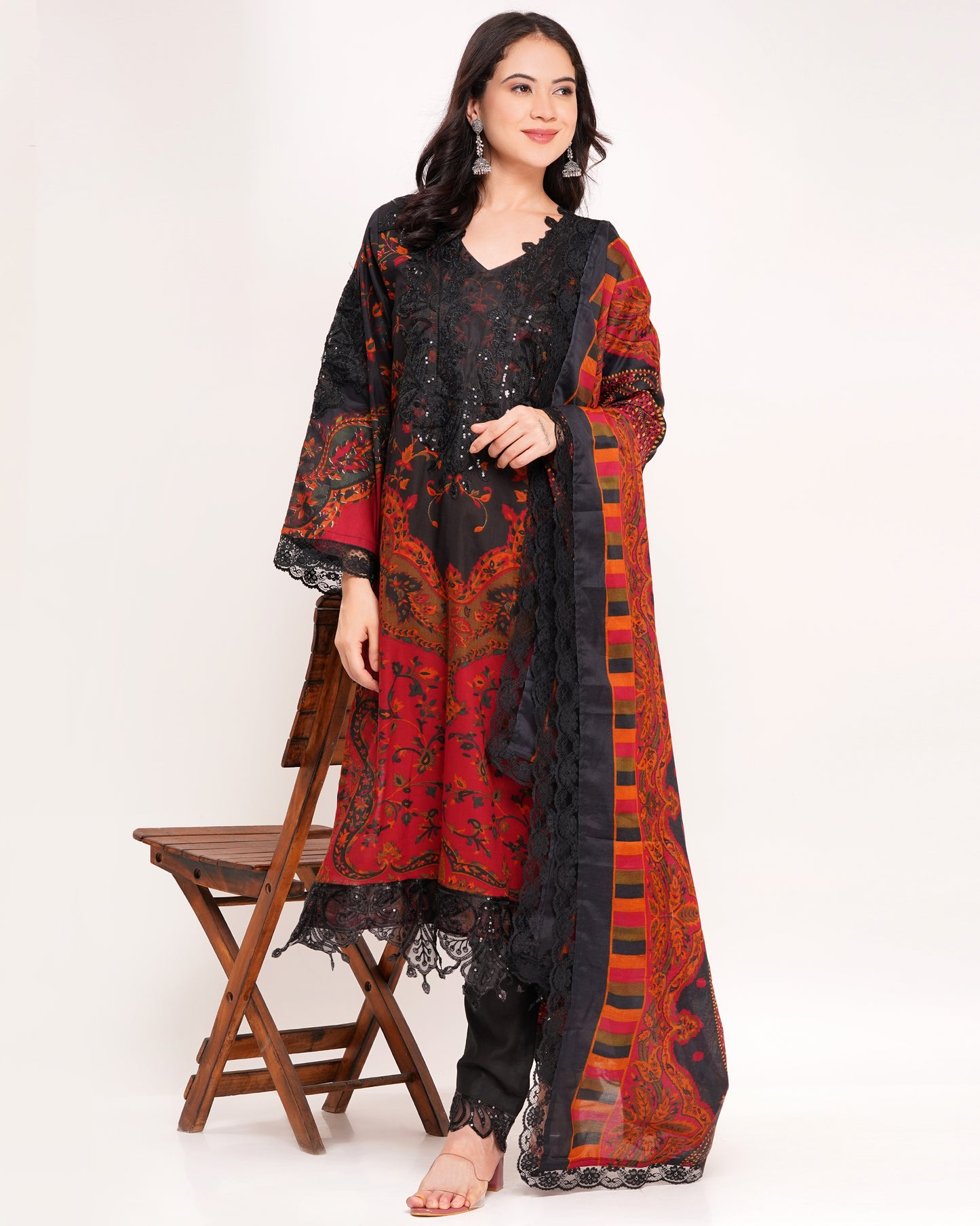 Black & Maroon Pakistani Lawn Cotton Suit Set #1833