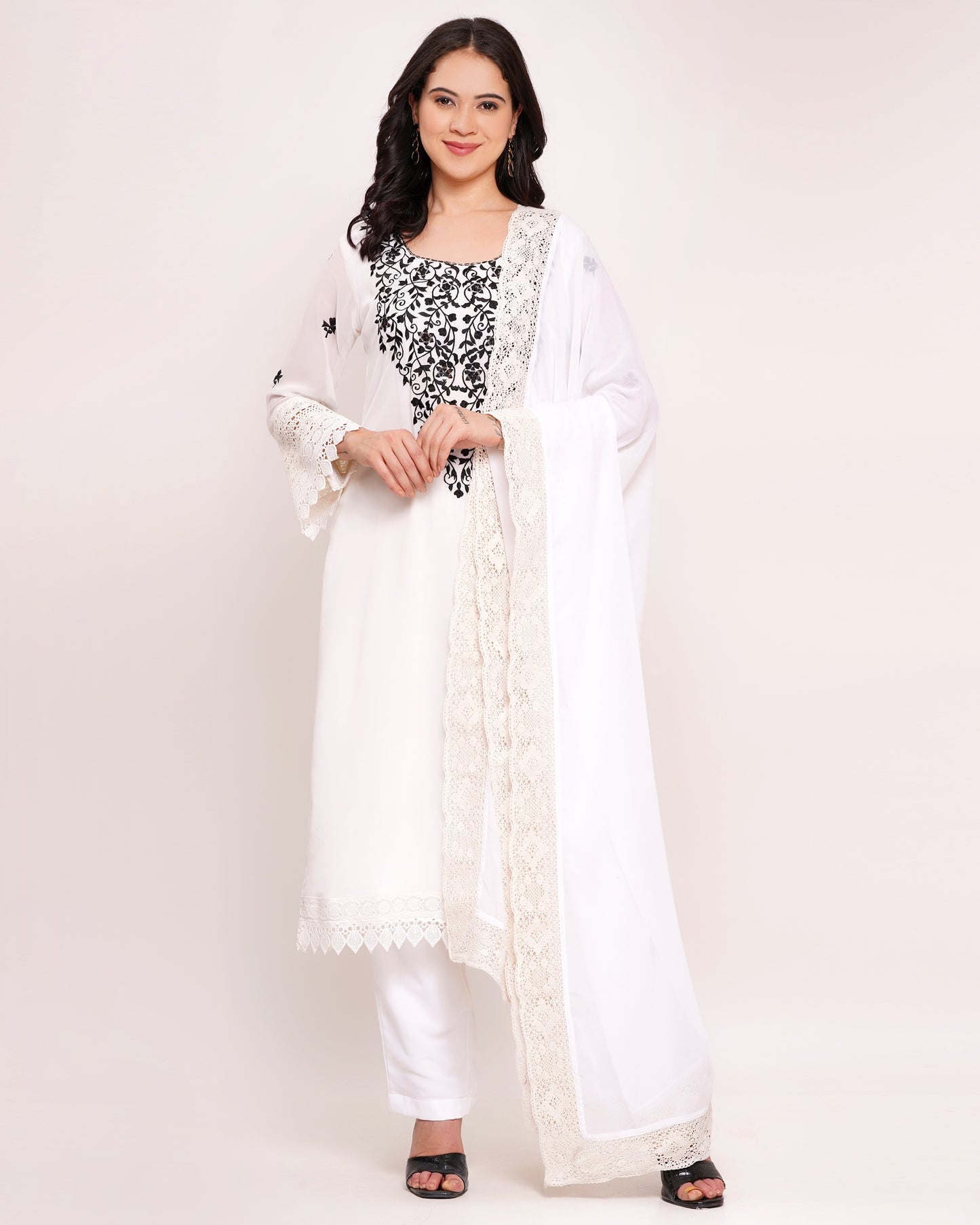 White Georgette Embroidered Suit Set with Dupatta #1811