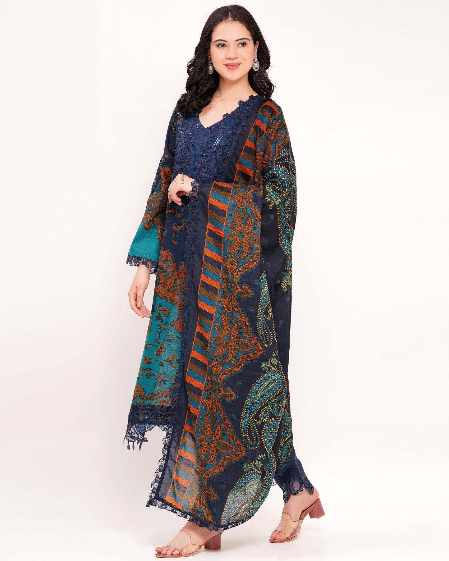 Teal & Navy Blue Pakistani Lawn Cotton Suit Set #1832