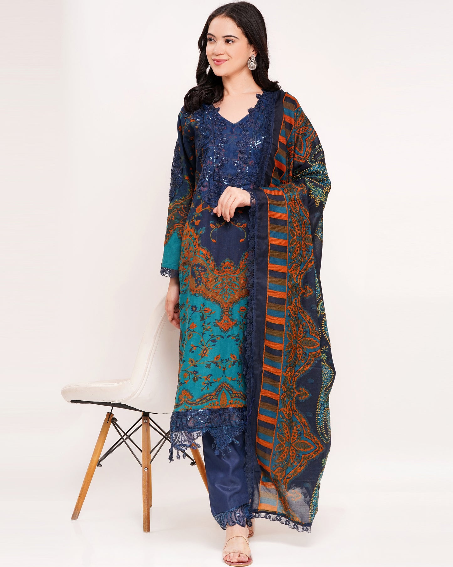 Teal & Navy Blue Pakistani Lawn Cotton Suit Set #1832