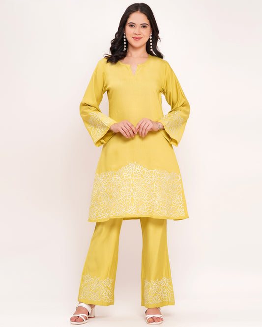 Lime Green Premium Slub Cotton Co-Ord Set with White Embroidery (1845)