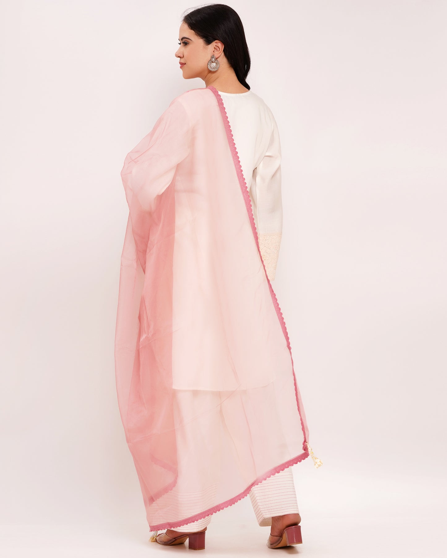 Off-White Roman Silk Suit with Pink Organza Dupatta #1384