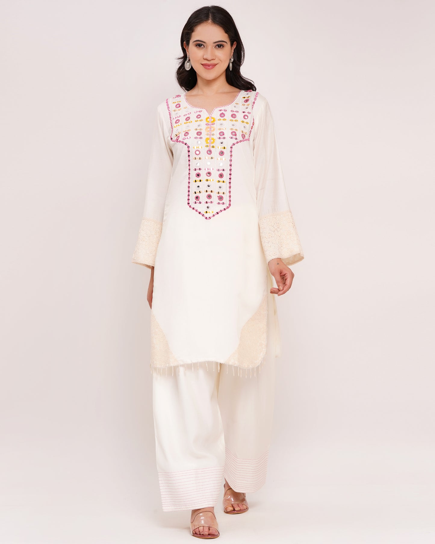 Off-White Roman Silk Suit with Pink Organza Dupatta #1384