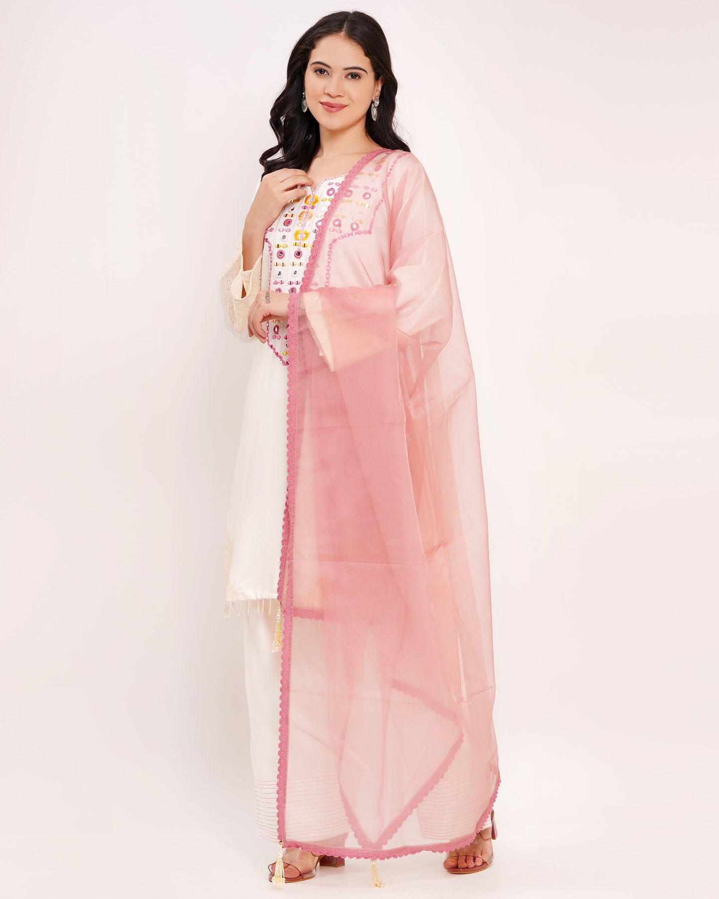 Off-White Roman Silk Suit with Pink Organza Dupatta #1384