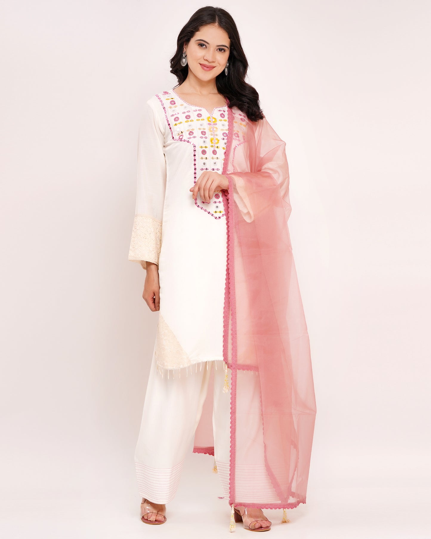 Off-White Roman Silk Suit with Pink Organza Dupatta #1384