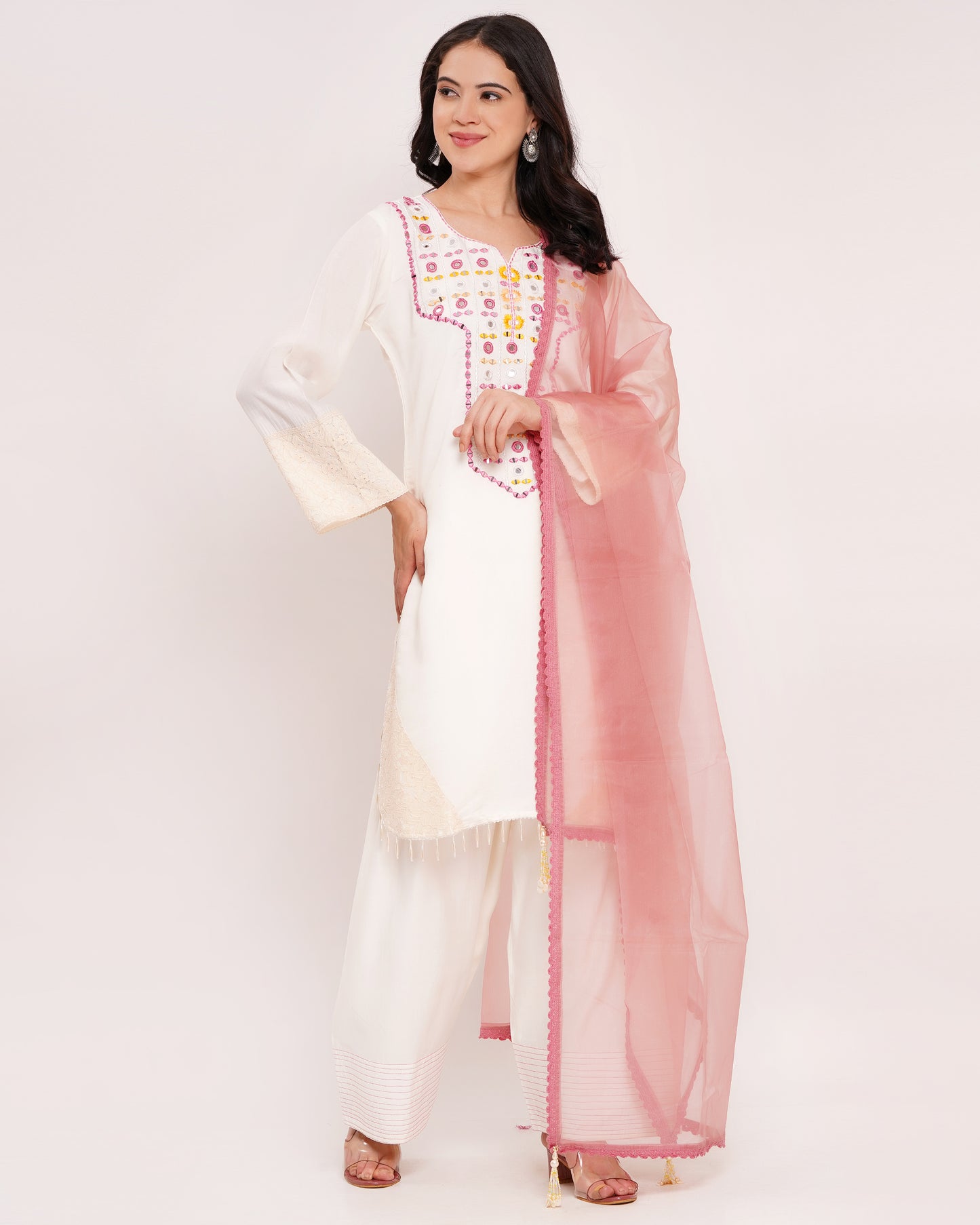 Off-White Roman Silk Suit with Pink Organza Dupatta #1384