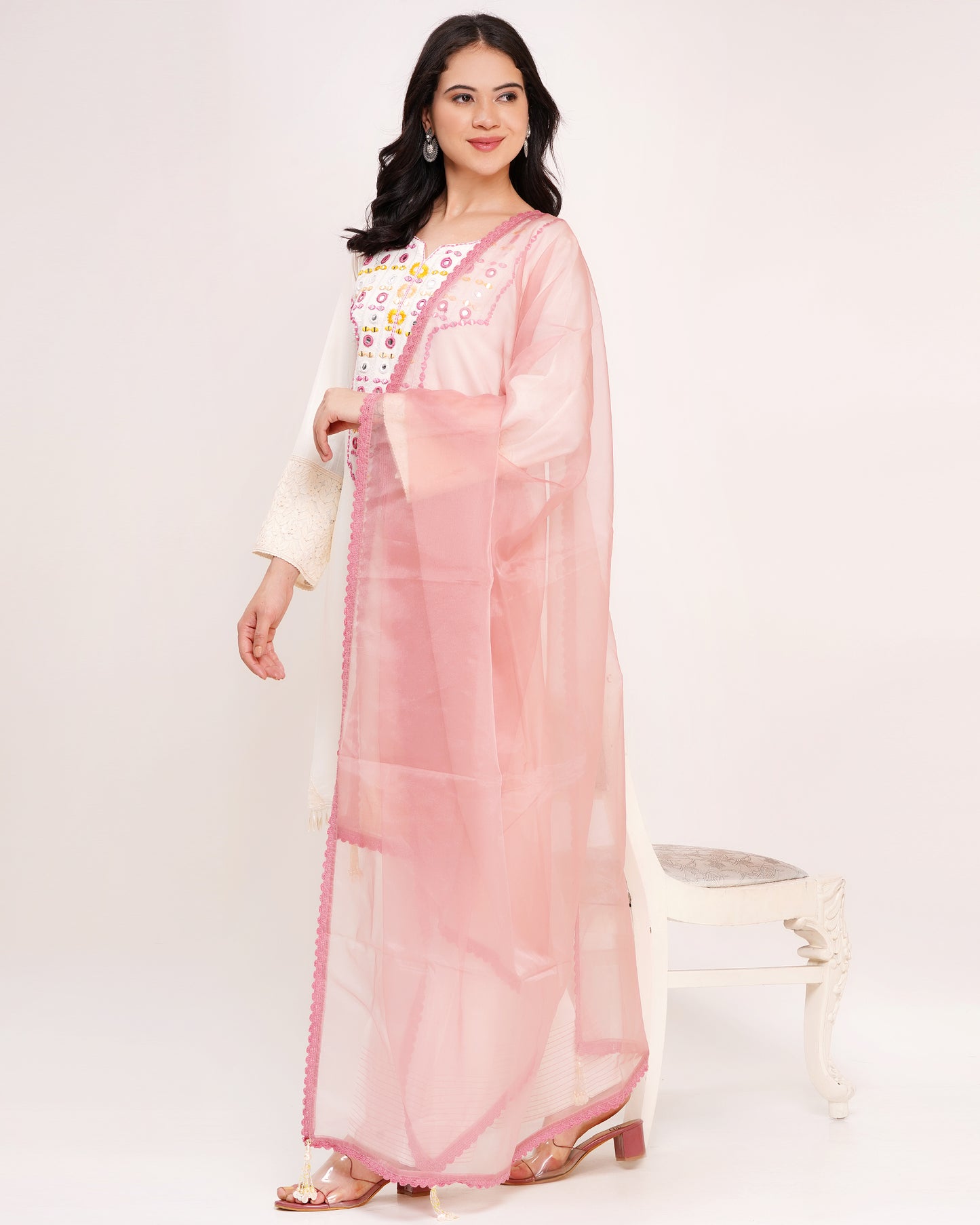 Off-White Roman Silk Suit with Pink Organza Dupatta #1384