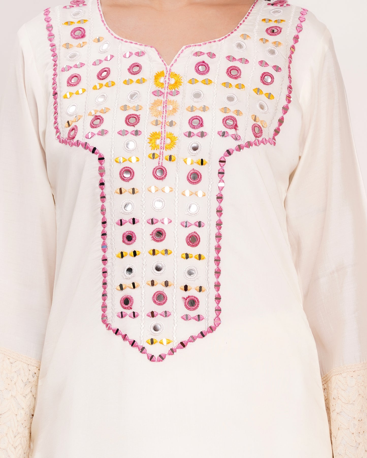 Off-White Roman Silk Suit with Pink Organza Dupatta #1384