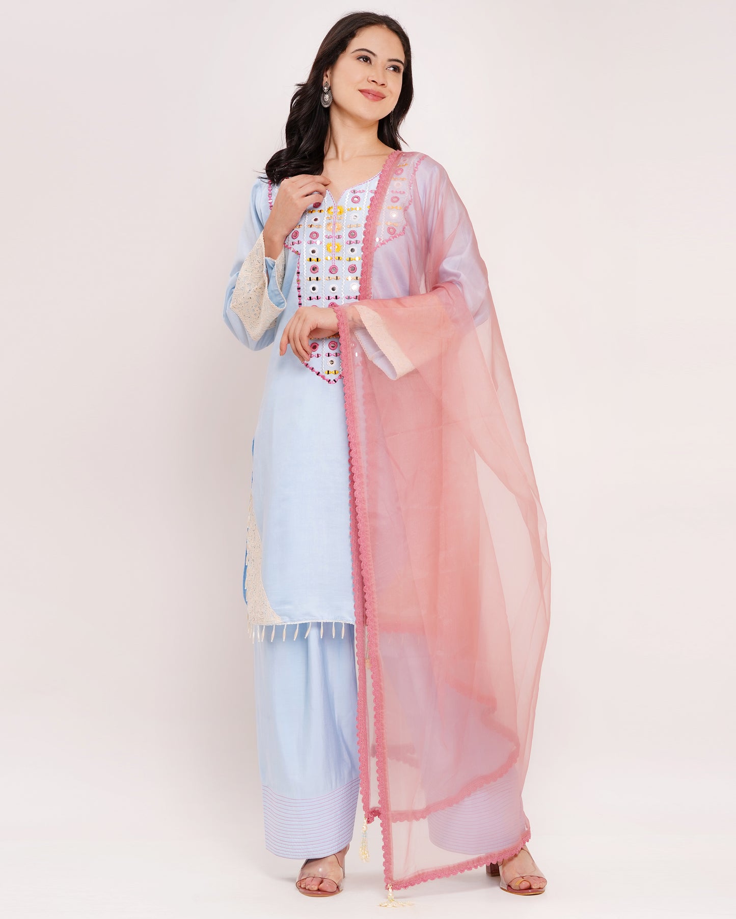 Blue Roman Silk Suit Set with Organza Dupatta #1849