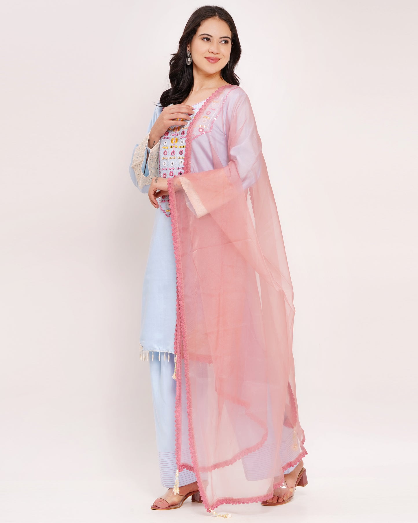 Blue Roman Silk Suit Set with Organza Dupatta #1849