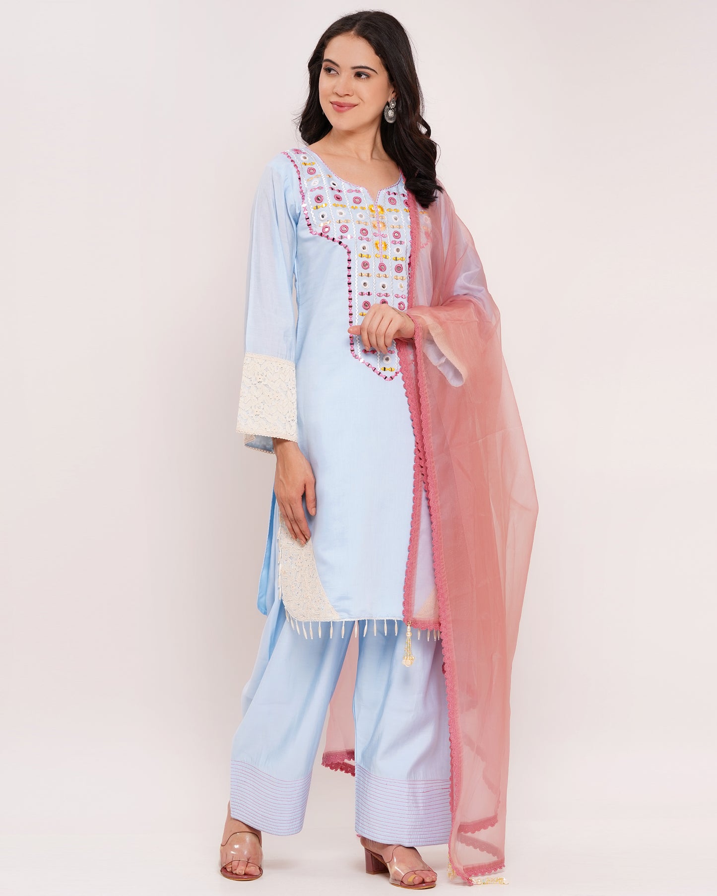 Blue Roman Silk Suit Set with Organza Dupatta #1849
