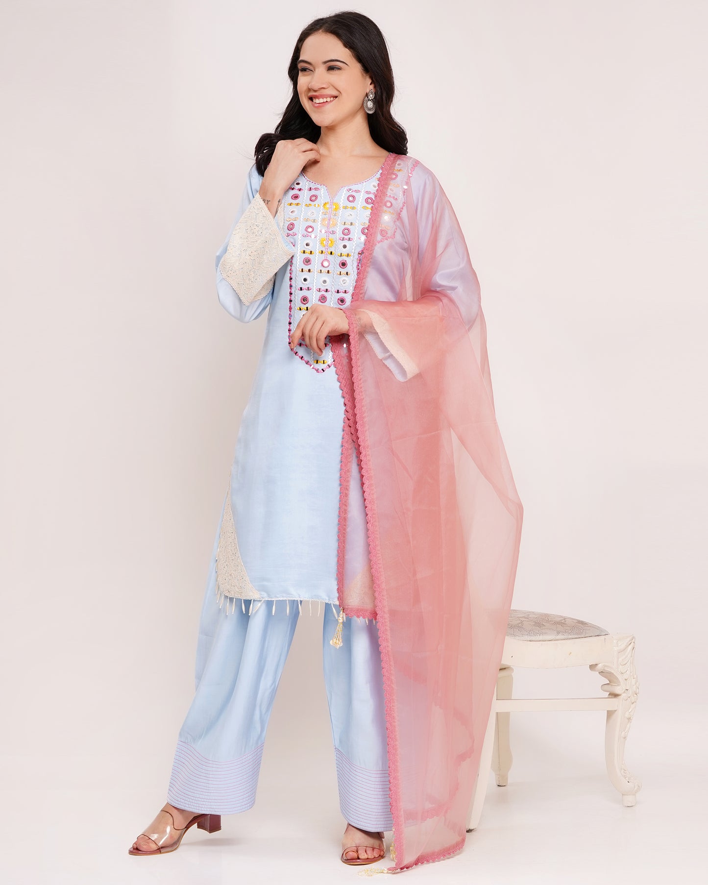 Blue Roman Silk Suit Set with Organza Dupatta #1849