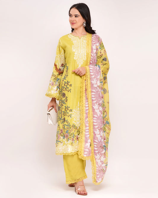 Lime Green Floral Embroidered Lawn Cotton Pakistani Suit Set (1823)