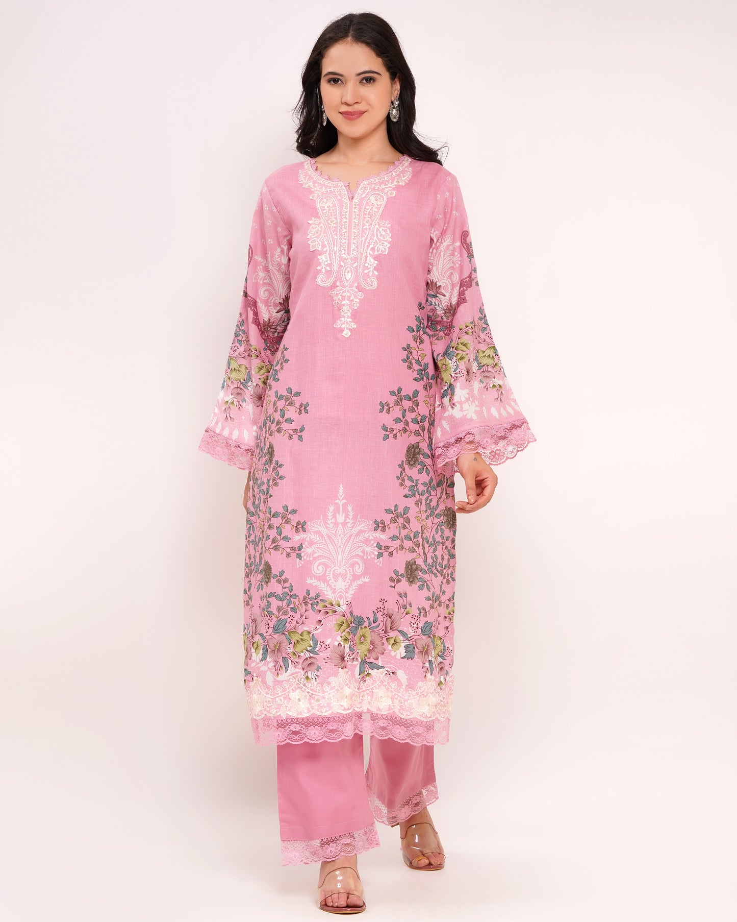 Pink Pakistani Lawn Cotton Suit Set with Embroidered Neckline (1821)