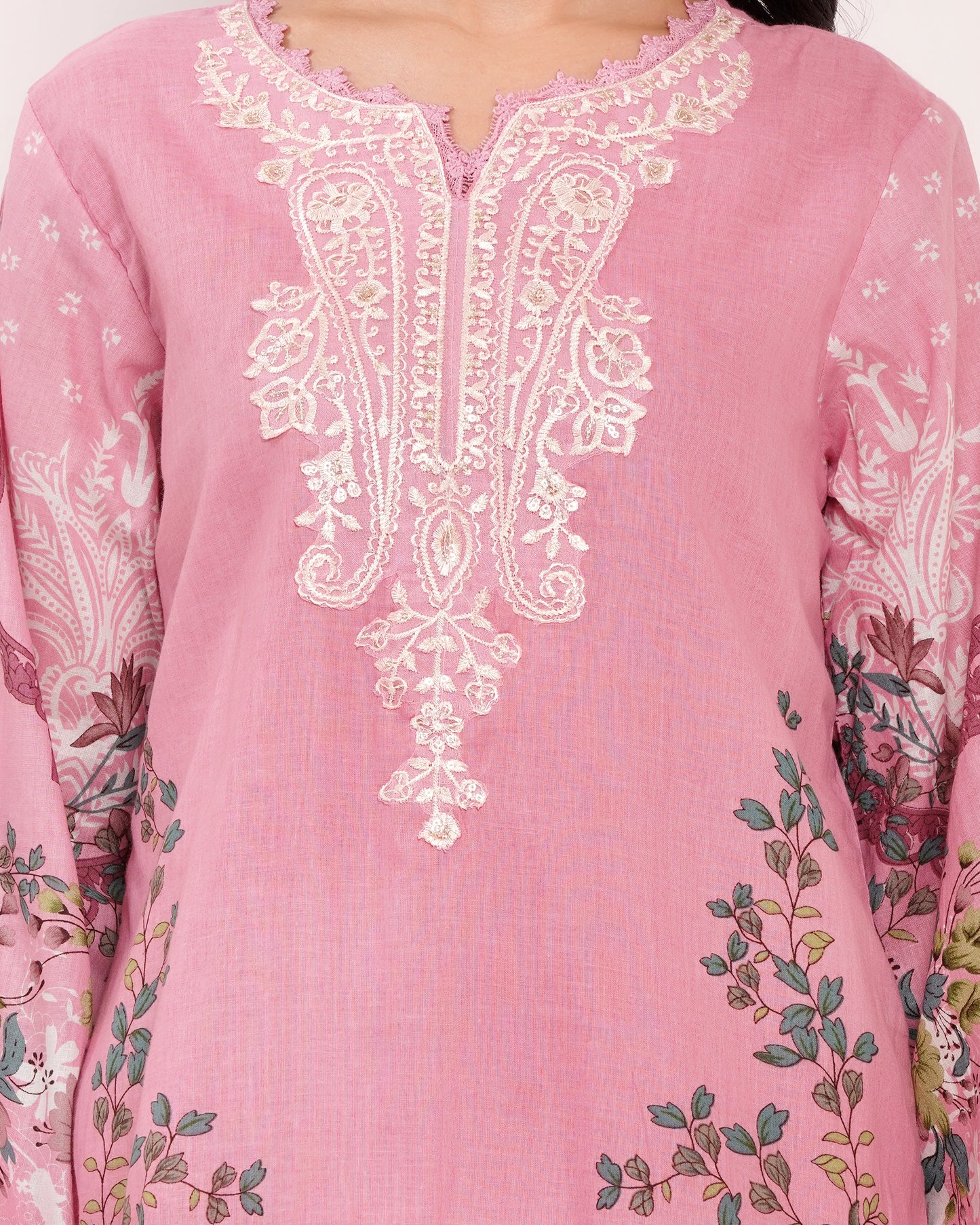 Pink Pakistani Lawn Cotton Suit Set with Embroidered Neckline (1821)