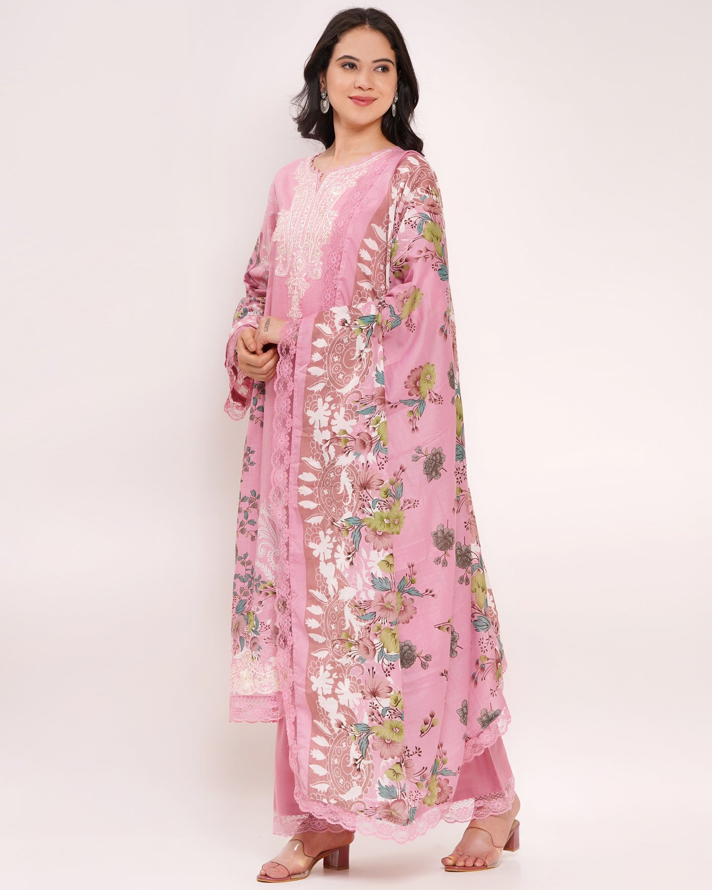 Pink Pakistani Lawn Cotton Suit Set with Embroidered Neckline (1821)