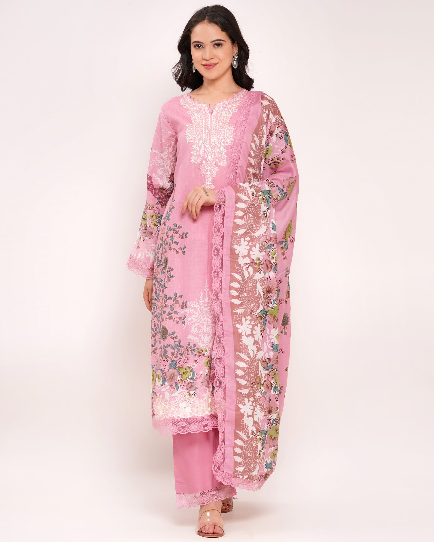 Pink Pakistani Lawn Cotton Suit Set with Embroidered Neckline (1821)