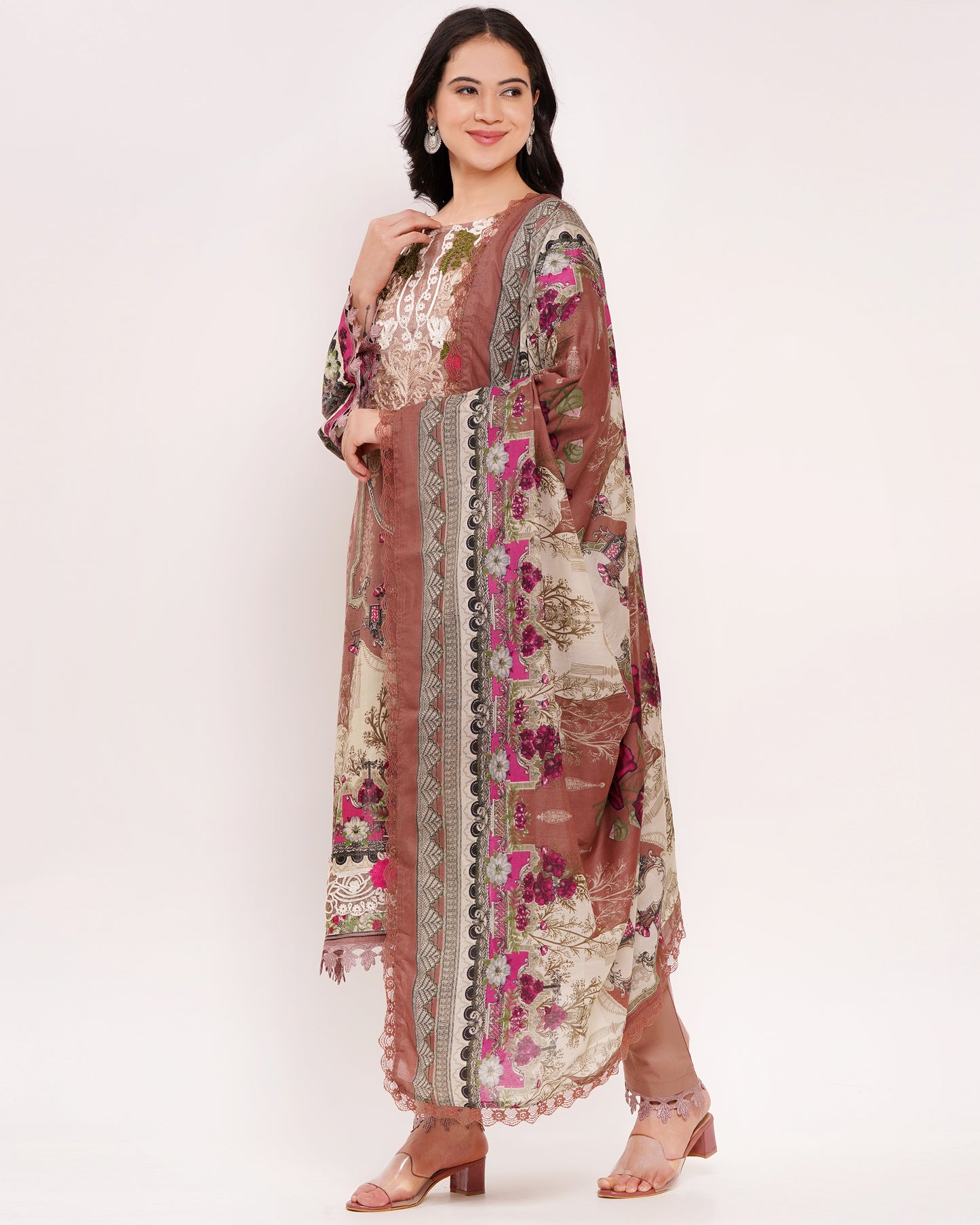 Brown Pakistani Lawn Cotton Suit Set with Half Lining (1847)