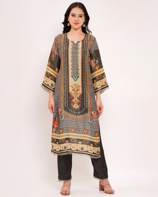 Olive Green and Black Soft Shimmer Pakistani Print Suit Set (1784)