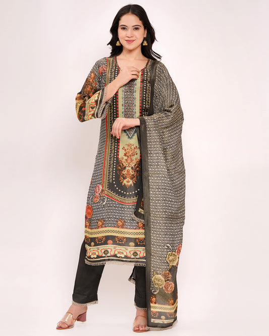 Olive Green and Black Soft Shimmer Pakistani Print Suit Set (1784)