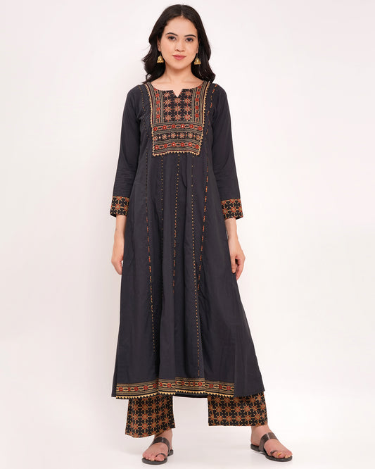 Black Pure Cotton Embroidered Anarkali Suit Set (1834)