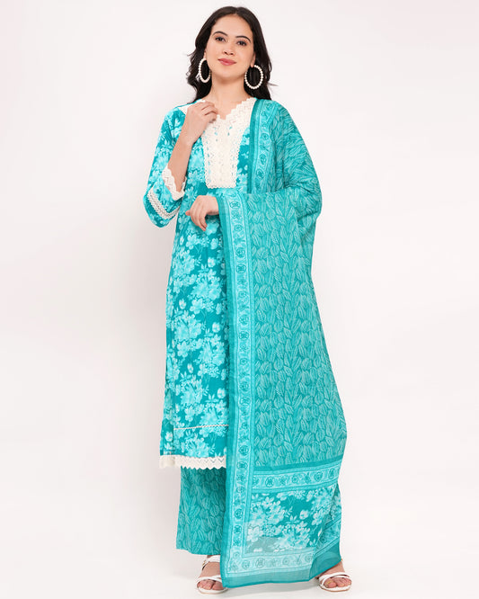 Aqua Floral Printed Pure Cotton Suit Set (1839)