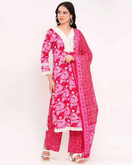 Pink Floral Printed Pure Cotton Suit Set (1838)
