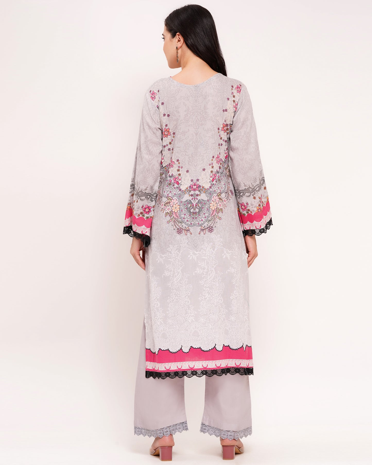 Grey Pakistani Lawn Cotton Suit Suit With Half-Lined (1841)