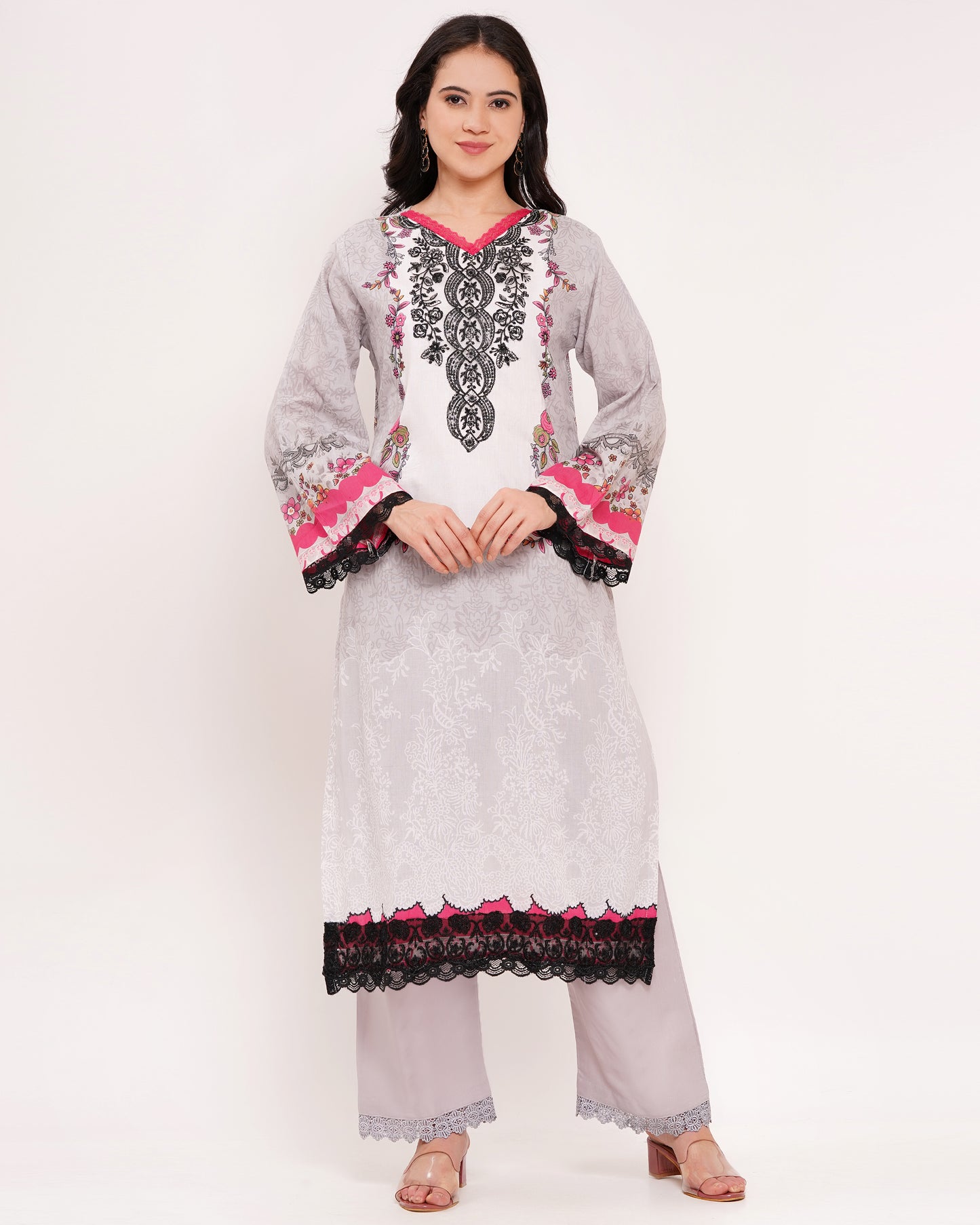 Grey Pakistani Lawn Cotton Suit Suit With Half-Lined (1841)