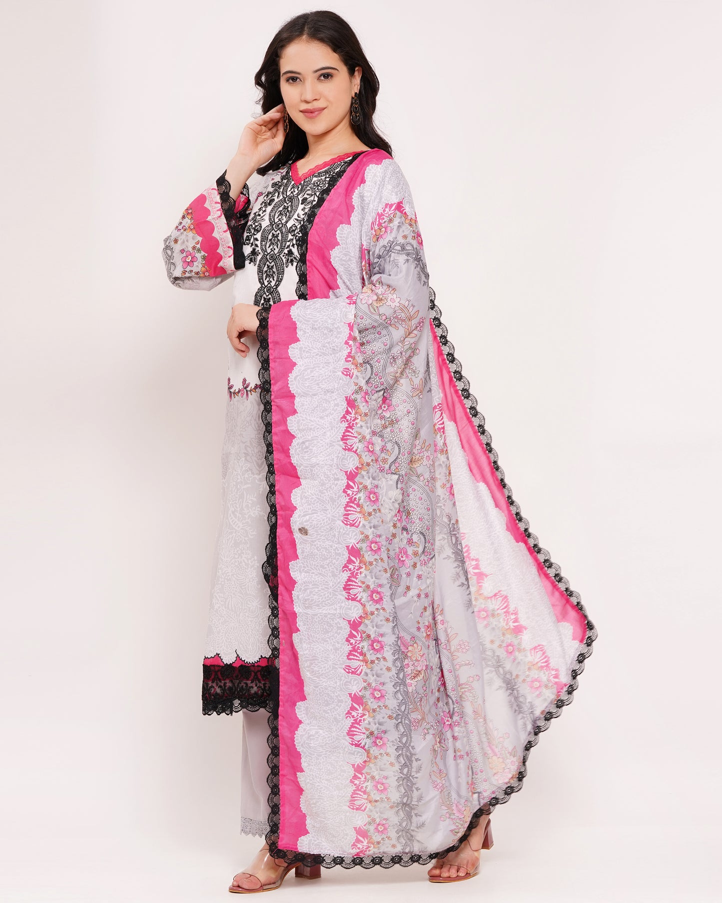 Grey Pakistani Lawn Cotton Suit Suit With Half-Lined (1841)